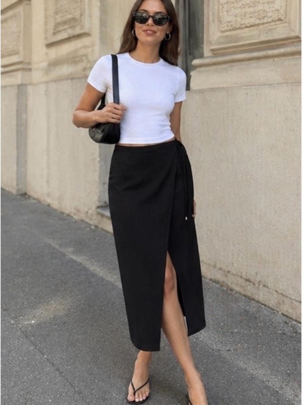 H&M Black Wrap Midi Skirt Side Slit Tie Waist Minimalist Blogger Favorite Size M